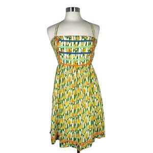 FREE PEOPLE Smocked Halter Dress Size 4 Yellow Lemon Pattern Sleeveless *Read